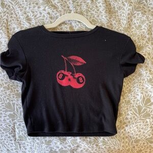 Black Crop Tee with Red Cherry Graphic - women’s
